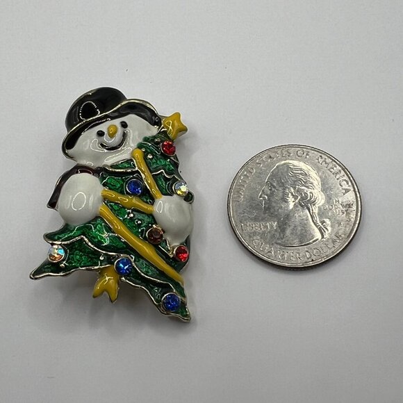 Vintage Snowman Brooch White Green Enamel‎ and Crystal Accent Pin - Picture 3 of 7